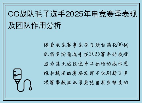 OG战队毛子选手2025年电竞赛季表现及团队作用分析
