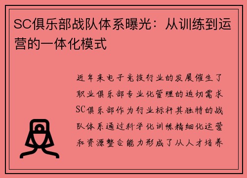 SC俱乐部战队体系曝光:从训练到运营的一体化模式